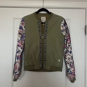 Billabong Olive Bomber Jacket with Floral Sleeves